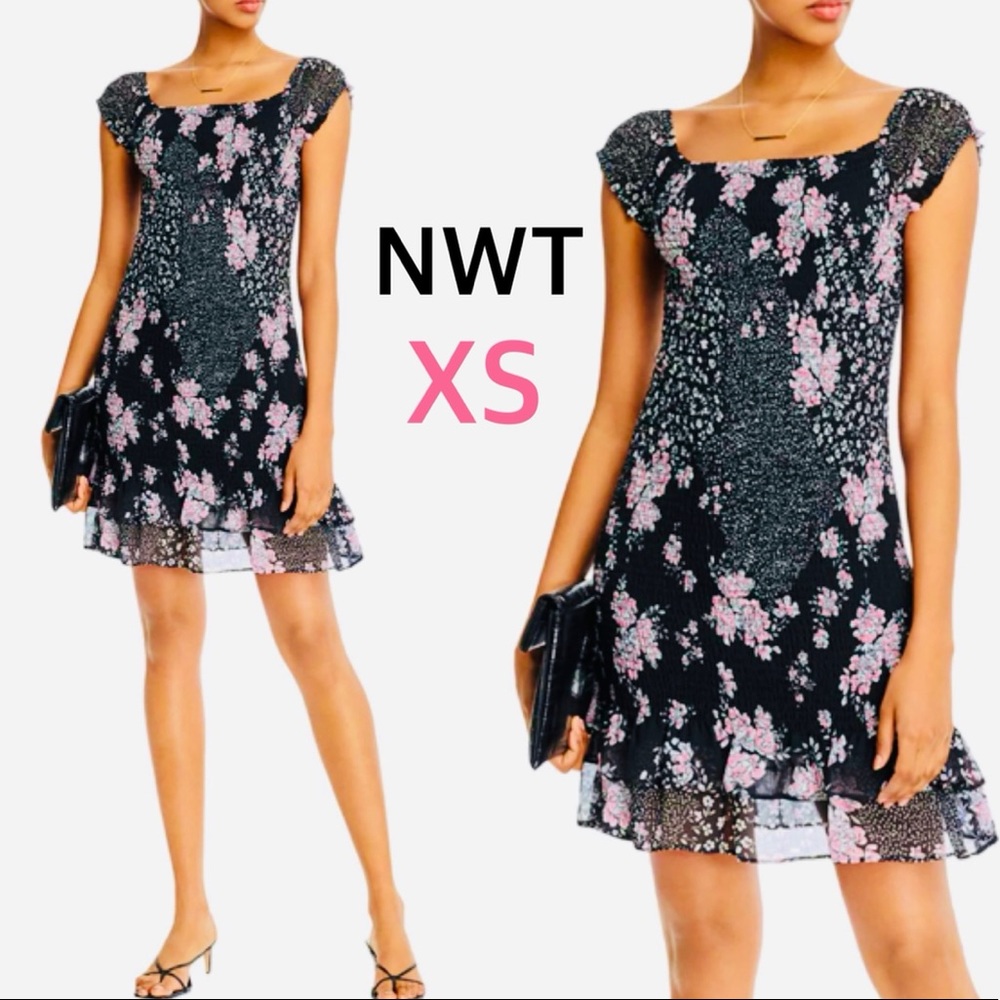 NWT (XS) Black pink floral smocked mini dress ruffle hem double square neck